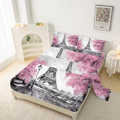 Kxry Pink Paris Fitted Sheet Set - Full Size 4pc 1