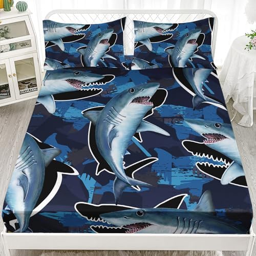 HOSIMA Blue Shark Fitted Sheet Set Queen Size