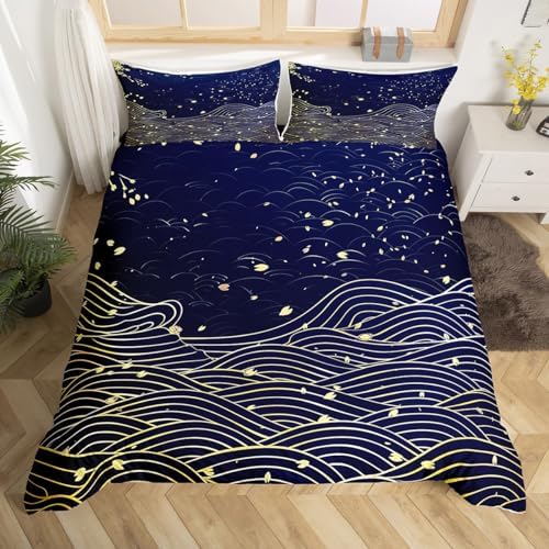 Erosebridal Ukiyoe Style Queen Duvet Set Sea Waves Cherry Blossom