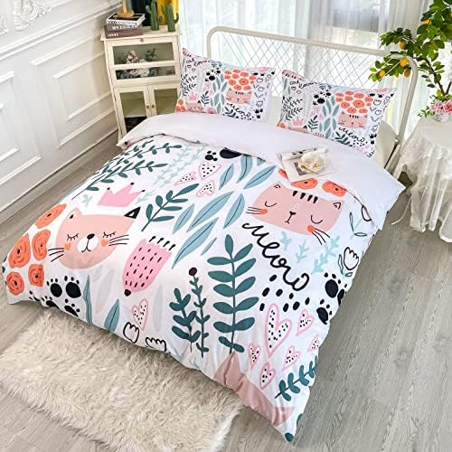 Sunature Cartoon Cat Duvet Cover Set Queen Size 3 Piece