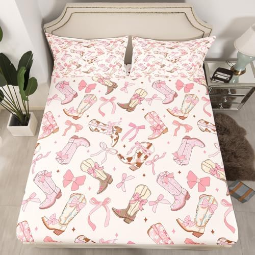 Feelyou Pink Bow Fitted Sheet Set Twin Size Kids Bedding