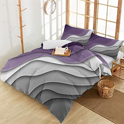 California King Duvet Cover Set 3PCS Purple Grey White Wave Stripes