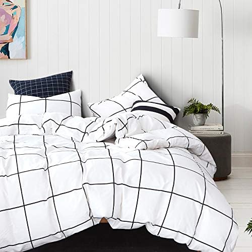 CLOTHKNOW 3Pcs Twin Duvet Cover Set White Plaid