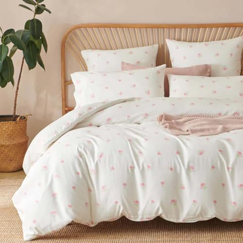 Bildenly Duvet Cover Twin White Pink Tulip Pattern