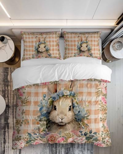 Boanket 3-Piece Plaid Bunny Duvet Cover Set with Zipper