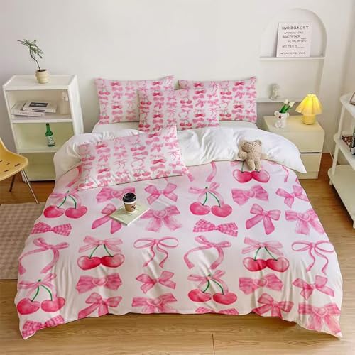 Pink Cherry Bow Duvet Cover Set Full King Size