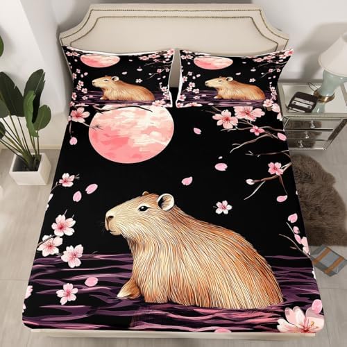 Feelyou Cherry Blossom Capybara Fitted Sheet Set Twin Size