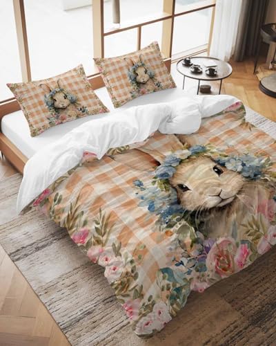 Boanket 3-Piece Plaid Bunny Duvet Cover Set with Zipper
