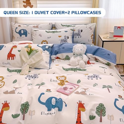 Kids Duvet Cover Queen Size with Cartoon Animals