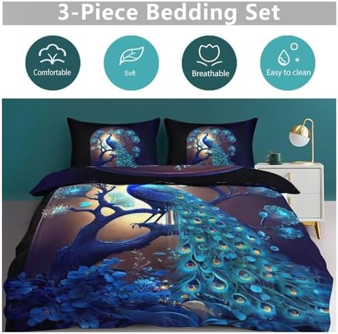 Feorafei 3D Peacock Print Duvet Cover Set 3 Pieces