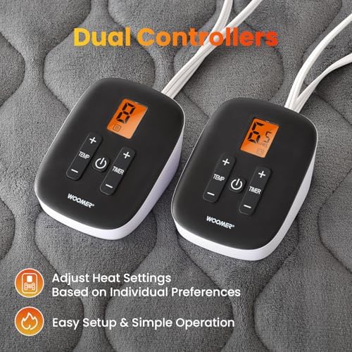 WOOMER Queen Dual Control Heated Mattress Pad - 60x80 Electric with 10 Heat Settings