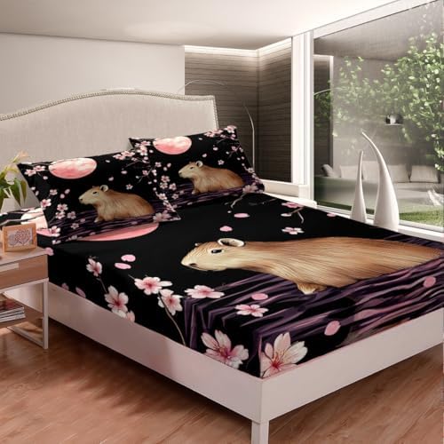 Feelyou Cherry Blossom Capybara Fitted Sheet Set Twin Size