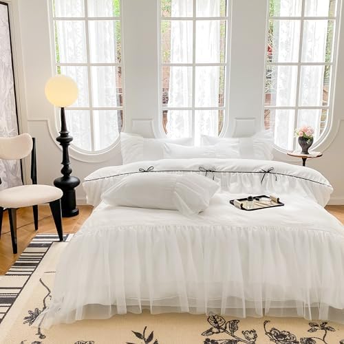 White Lace Ruffled Queen Duvet Set with Bow Closure for Kids