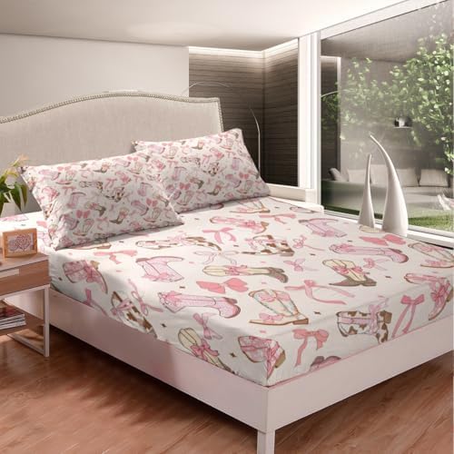Feelyou Pink Bow Fitted Sheet Set Twin Size Kids Bedding