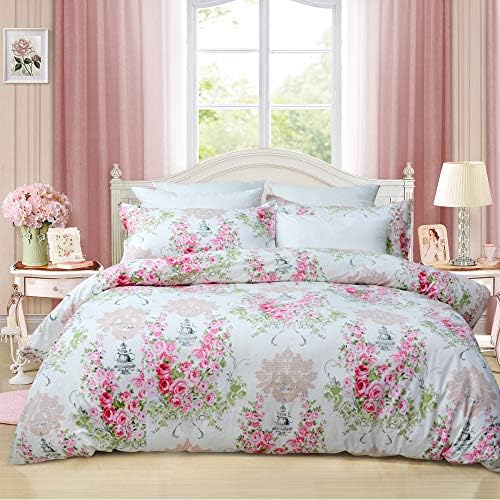 FADFAY Pink Rose Floral Duvet Cover Set