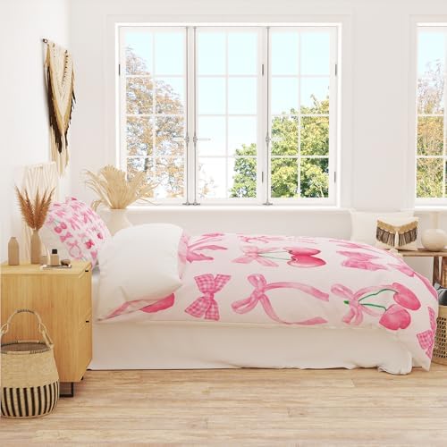 Pink Cherry Bow Duvet Cover Set Full King Size