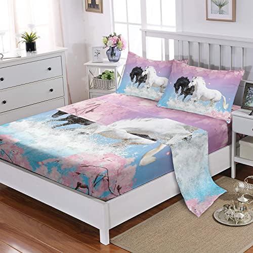 Kids Horse Sheet Set 4Pcs Cherry Blossoms 3D Wild Animal Bedding