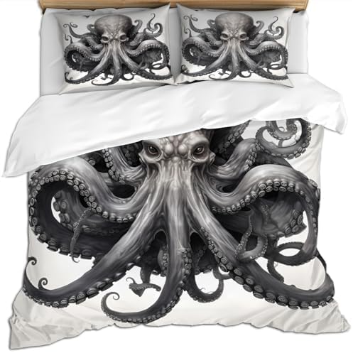 STRELEC Octopus Duvet Cover Set Gray White California King