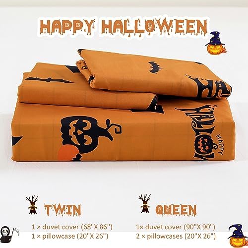 Xruibed King Halloween Duvet Cover Set - Pumpkin Bat Orange Bedding with 2 Pillowcases