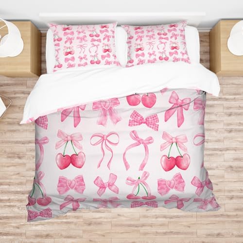 Pink Cherry Bow Duvet Cover Set Full King Size