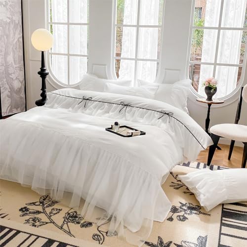 White Lace Ruffled Queen Duvet Set with Bow Closure for Kids