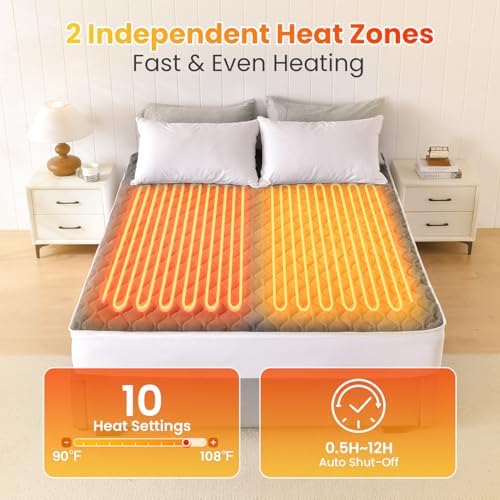WOOMER Queen Dual Control Heated Mattress Pad - 60x80 Electric with 10 Heat Settings