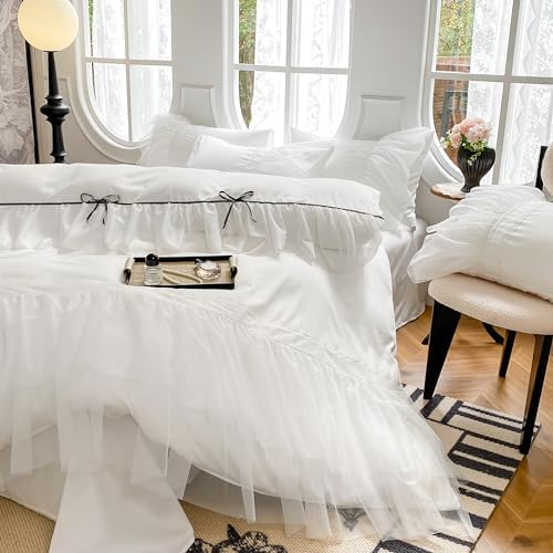White Lace Ruffled Queen Duvet Set with Bow Closure for Kids