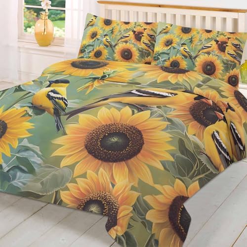 Boanket 3-Piece Duvet Cover Set Yellow Sunflowers Birds 1