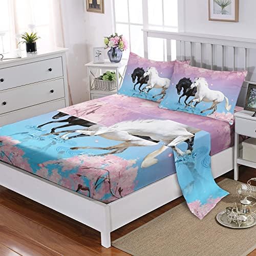 Kids Horse Sheet Set with Cherry Blossom Petals 4Pcs 3D Animal Bedding