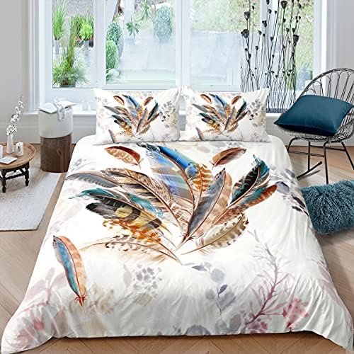 Abojoy Feathers Boho Chic Queen Duvet Cover Set