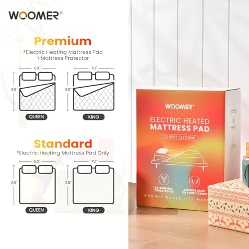 WOOMER Queen Dual Control Heated Mattress Pad - 60x80 Electric with 10 Heat Settings
