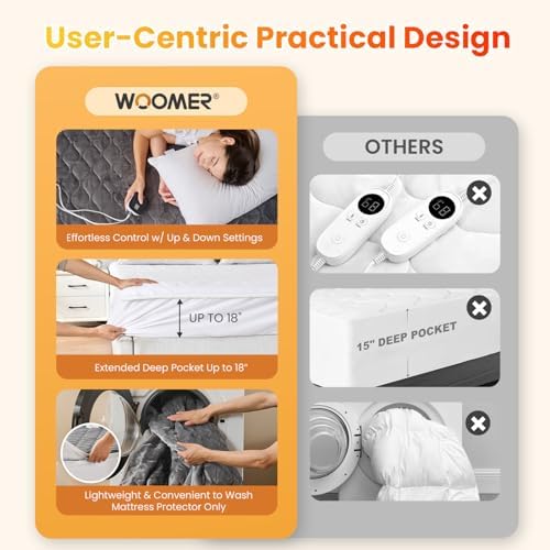 WOOMER Queen Dual Control Heated Mattress Pad - 60x80 Electric with 10 Heat Settings