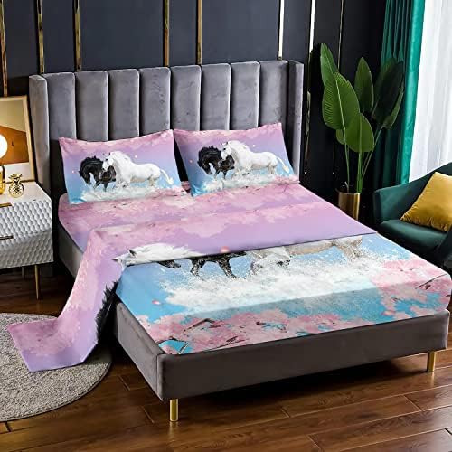 Kids Horse Sheet Set 4Pcs Cherry Blossoms 3D Wild Animal Bedding