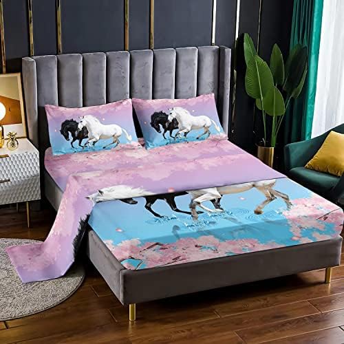 Kids Horse Sheet Set with Cherry Blossom Petals 4Pcs 3D Animal Bedding