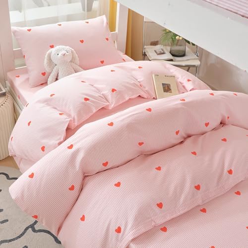 Pink Striped Duvet Cover Set King 3Pcs Cute Heart Design
