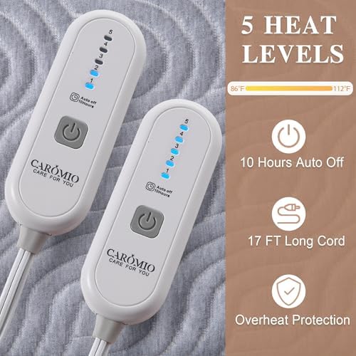 CAROMIO Queen Heated Mattress Pad - 5 Heat Settings 10 Hr Auto Off Grey