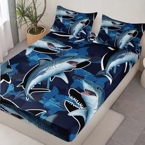 HOSIMA Blue Shark Fitted Sheet Set Queen Size