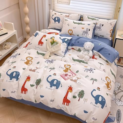 Kids Duvet Cover Queen Size with Cartoon Animals
