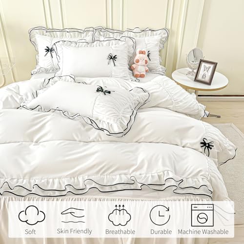 Watbro Kids Duvet Cover Set Queen Size with Bowtie Ruffles