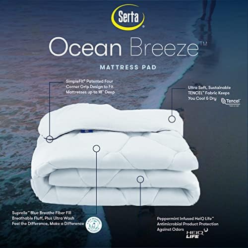 Serta Ocean Breeze Breathable Pillow Top Mattress Pad Protector - Queen White 1