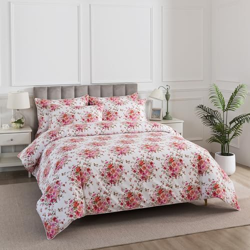 Pink Floral Boho Duvet Cover Queen 3Pcs Set