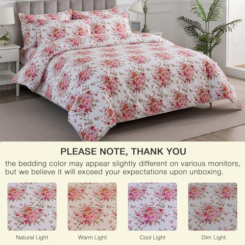 Pink Floral Boho Duvet Cover Queen 3Pcs Set