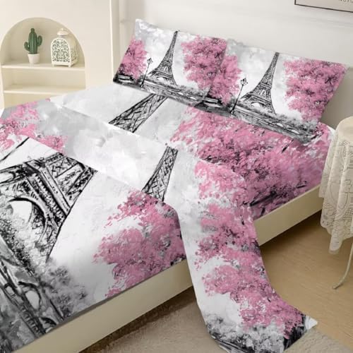 Kxry Pink Paris Fitted Sheet Set - Full Size 4pc 1