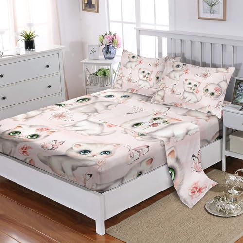 Kids Cartoon Cat Sheet Twin 4Pcs Kawaii Bedding Set