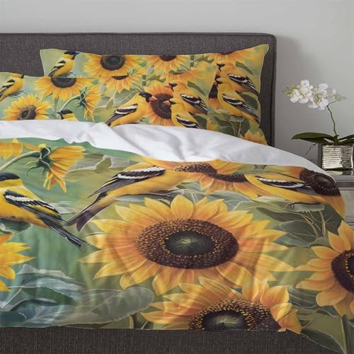 Boanket 3-Piece Duvet Cover Set Yellow Sunflowers Birds 1