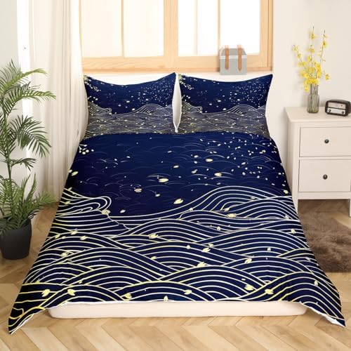 Erosebridal Ukiyoe Style Queen Duvet Set Sea Waves Cherry Blossom