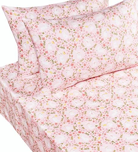 Scientific Sleep Pink Flower Rabbit 100 Cotton Sheet Set 4 Pcs