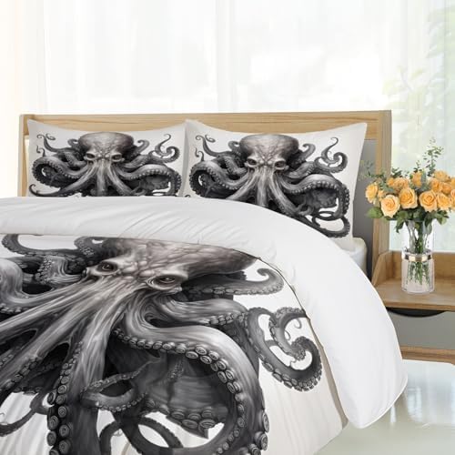 STRELEC Octopus Duvet Cover Set Gray White California King