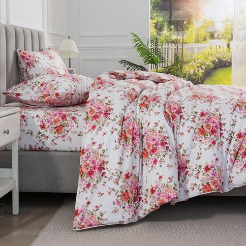 Pink Floral Boho Duvet Cover Queen 3Pcs Set