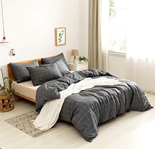 JELLYMONI 3pcs Plaid Duvet Cover Set Black with White Grid Pattern
